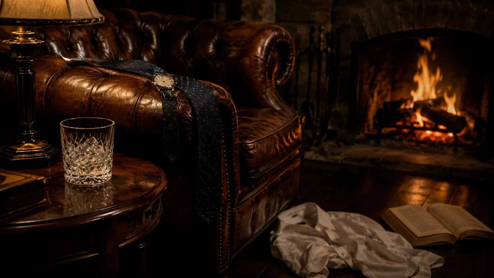 Age gap romance header — cognac leather Chesterfield armchair by fireplace, whiskey tumbler, silk tie draped on armrest, amber lamp light