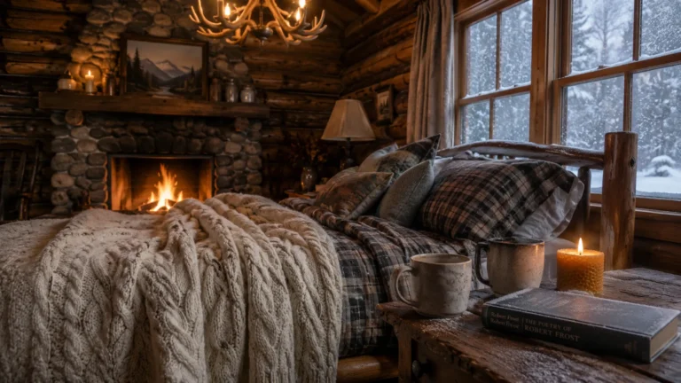 Cabin snowed-in romance header — rustic log cabin bed with cream knit blanket, frosted window with snow, fireplace glow, beeswax candle