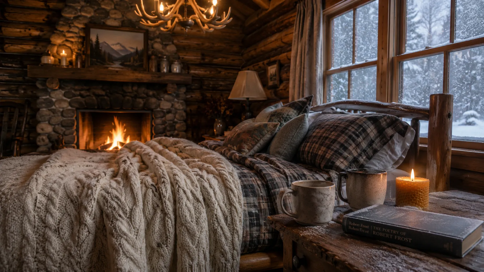 Cabin snowed-in romance header — rustic log cabin bed with cream knit blanket, frosted window with snow, fireplace glow, beeswax candle
