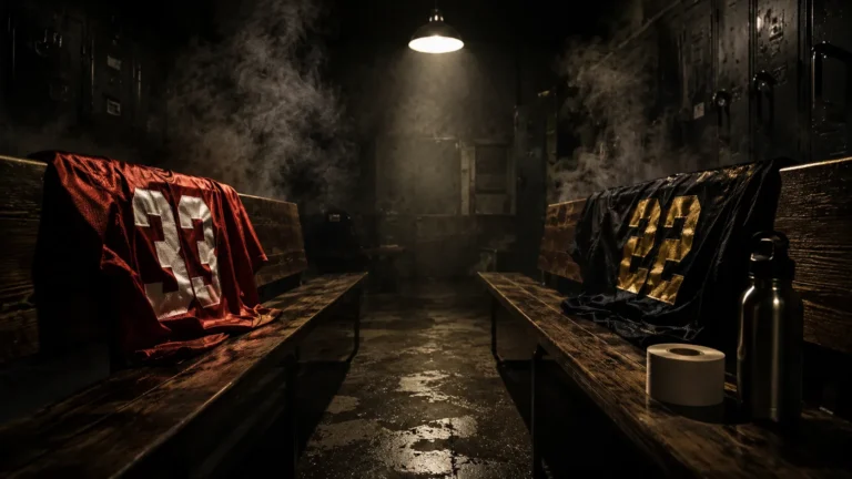 Enemies to lovers romance header — crimson and black opposing team jerseys on facing locker room benches, harsh overhead spotlight, gritty