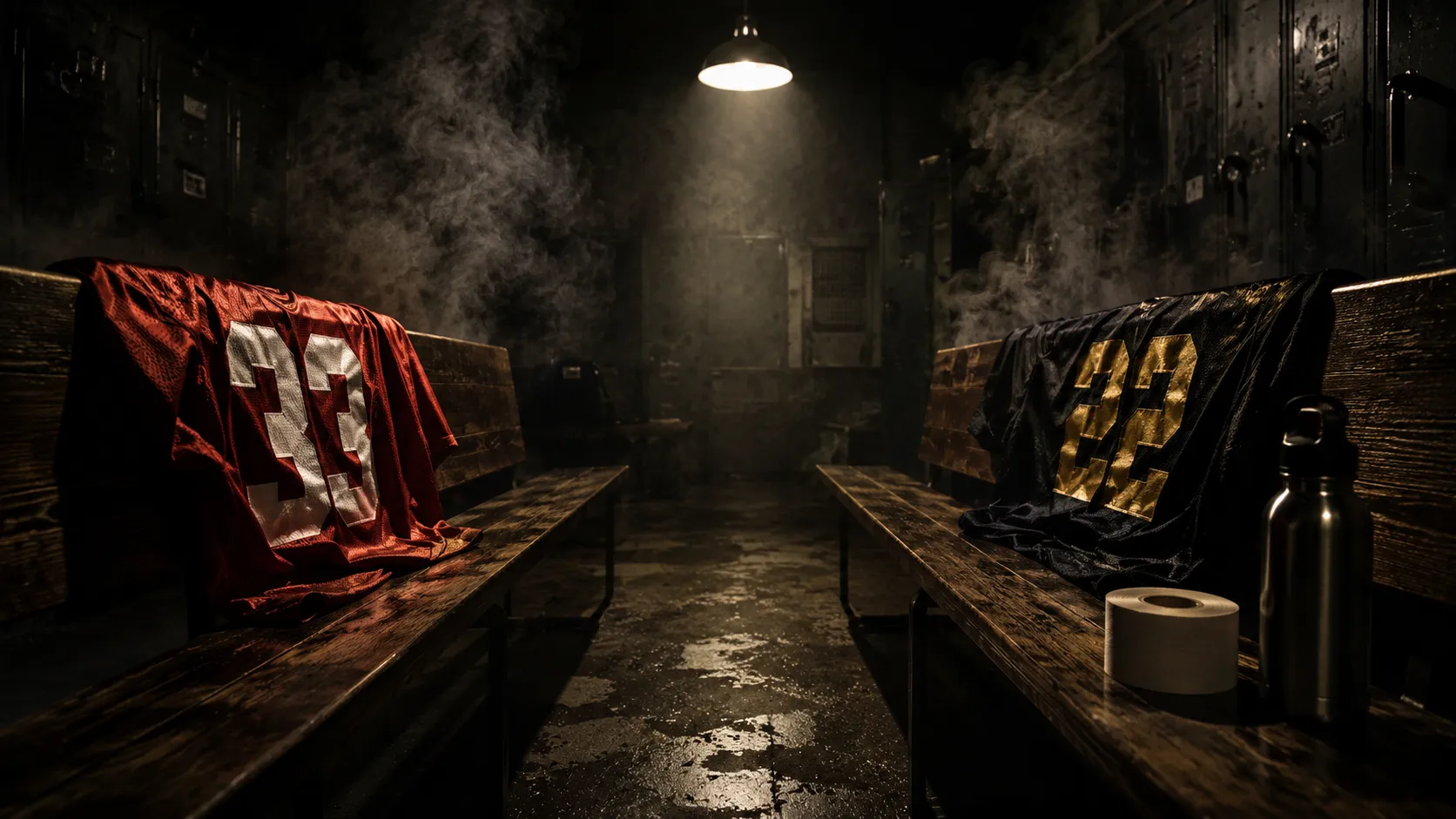 Enemies to lovers romance header — crimson and black opposing team jerseys on facing locker room benches, harsh overhead spotlight, gritty