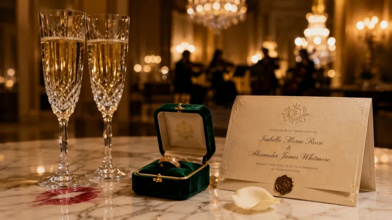 Fake dating romance header — two champagne flutes on white marble with open emerald velvet ring box and antique gold band, blurred ballroom lights