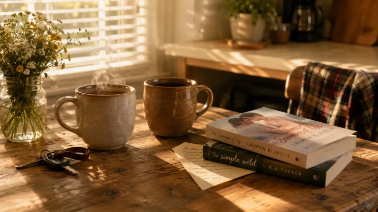 Best friends to lovers romance header — two ceramic coffee mugs on reclaimed wood counter, morning sunlight through blinds, paperback books