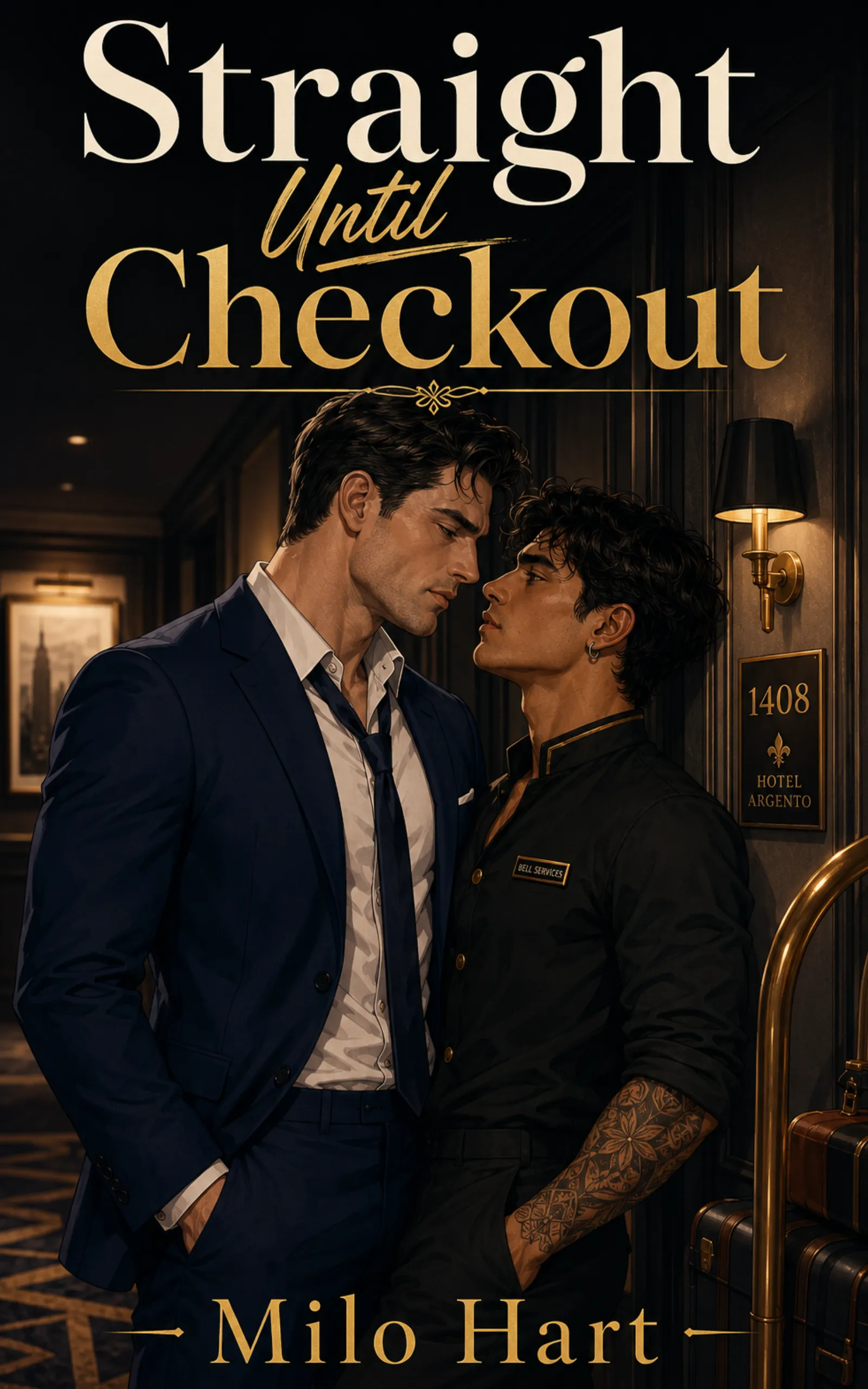 Straight Until Checkout by Milo Hart book cover — MM bi awakening forced proximity hotel suite one bed grumpy sunshine praise kink indie KU inferno