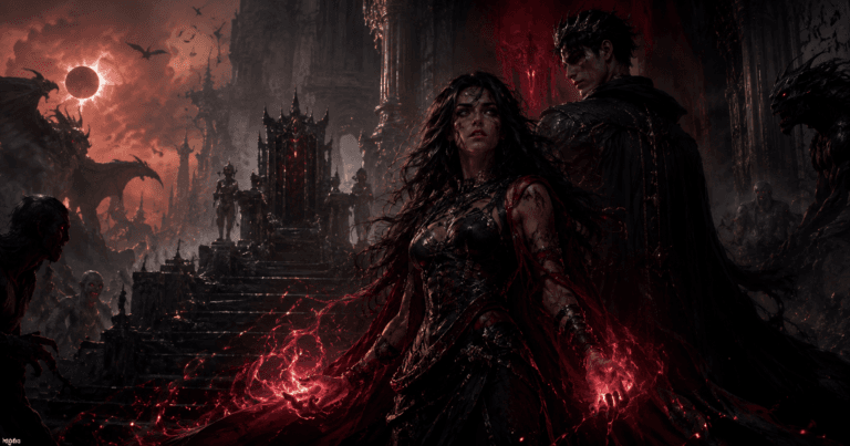 Books Like The Book of Azrael reading guide featuring a battle-worn dark-fantasy heroine wielding crimson magic beside a shadowed immortal in a ruined throne room.