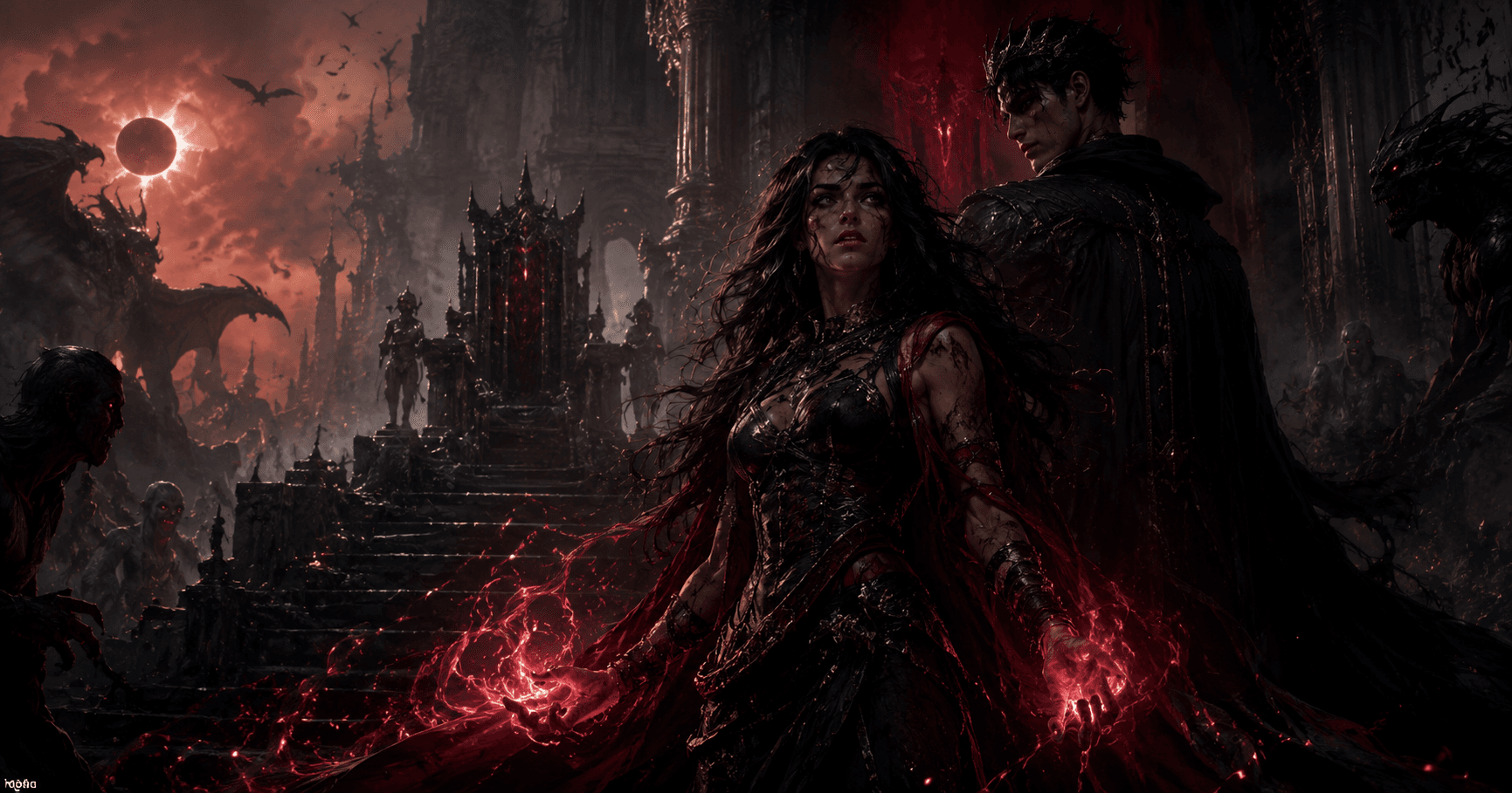 Books Like The Book of Azrael reading guide featuring a battle-worn dark-fantasy heroine wielding crimson magic beside a shadowed immortal in a ruined throne room.
