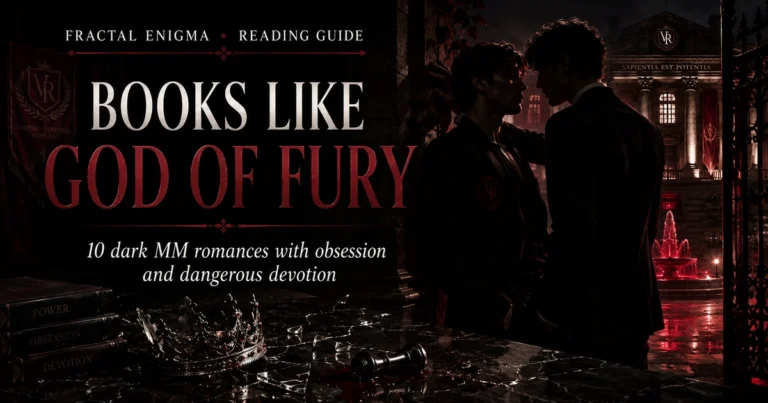 Books Like God of Fury dark MM romance reading guide with two men at a gothic university at night