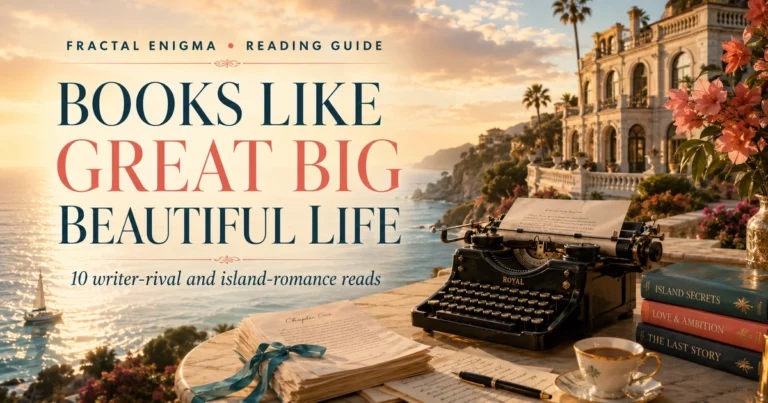 Books Like Great Big Beautiful Life reading guide with a coastal estate, typewriter and manuscript pages