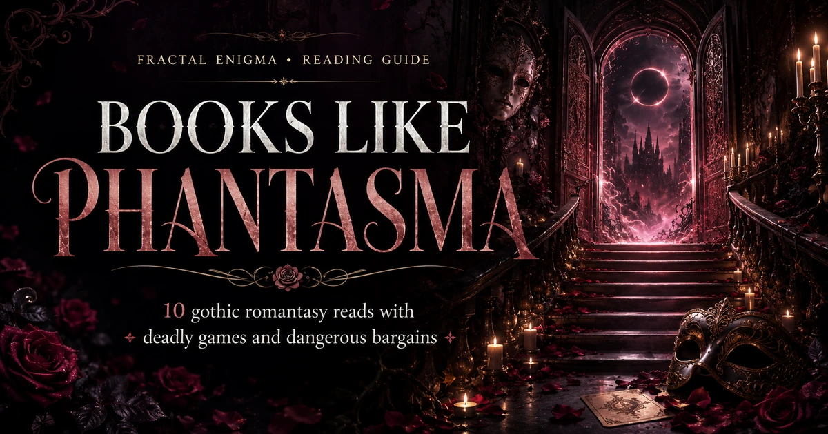Books Like Phantasma gothic romantasy reading guide with a candlelit staircase, masks and a glowing portal