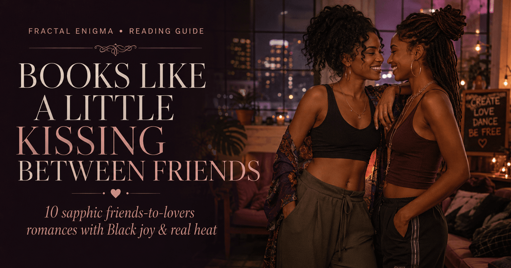 Books Like A Little Kissing Between Friends reading guide featuring two Black women sharing a joyful intimate moment in a warm creative loft.