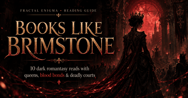 Books Like Brimstone reading guide featuring a dark crowned queen in a burning court surrounded by crimson blood-bond magic.