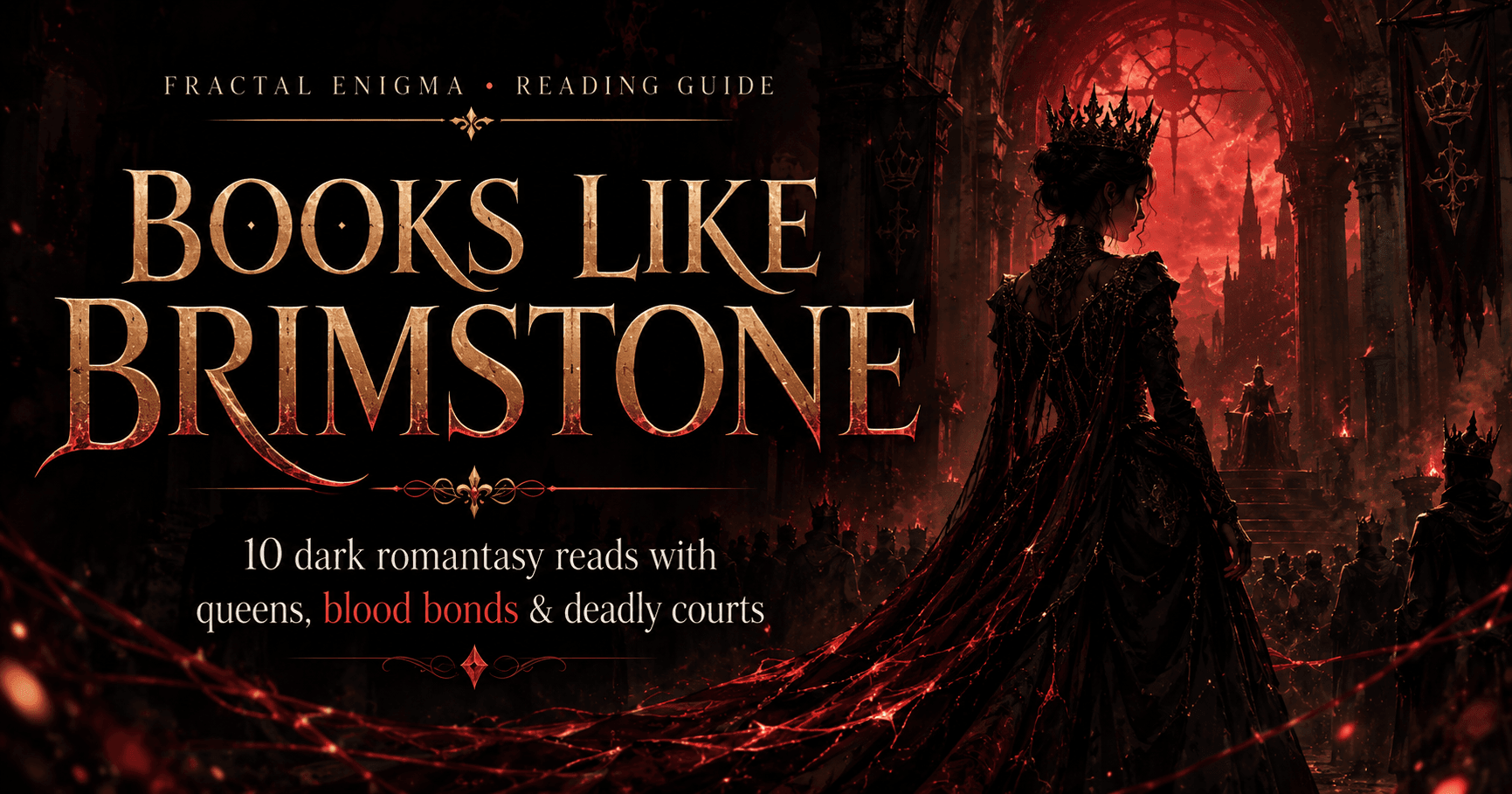 Books Like Brimstone reading guide featuring a dark crowned queen in a burning court surrounded by crimson blood-bond magic.