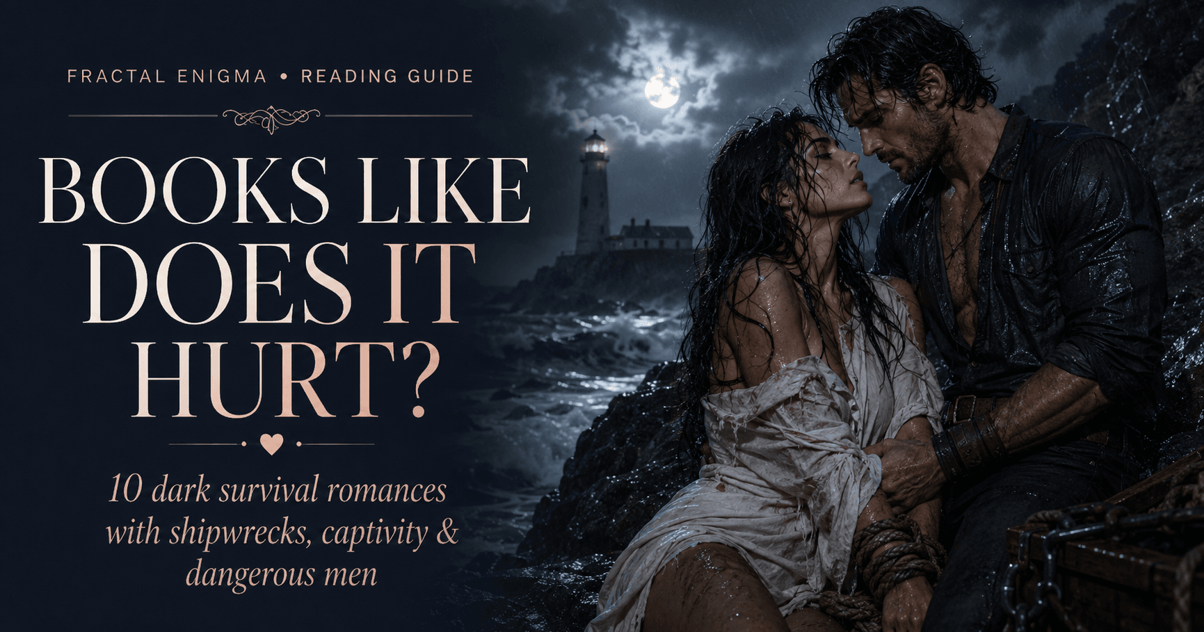 Books Like Does It Hurt? reading guide featuring a stormy lighthouse, shipwreck atmosphere and an intense survival romance on a rocky coast.
