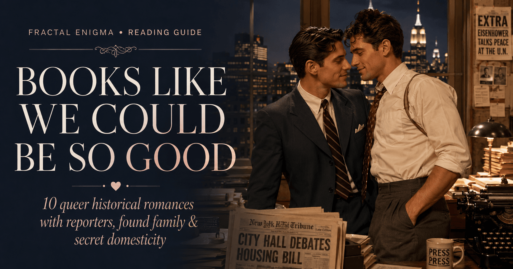 Books Like We Could Be So Good reading guide featuring two men in a mid-century newsroom with newspapers, typewriters and the New York skyline.