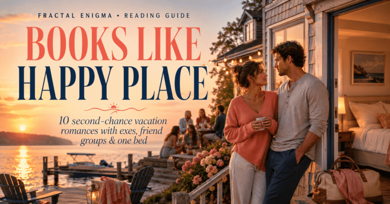 Books Like Happy Place reading guide featuring a lakeside vacation house, reunited exes, a friend group and one shared bedroom at sunset.