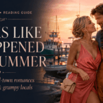 Books Like It Happened One Summer reading guide featuring a glamorous city woman and a rugged fisherman at a coastal harbor at sunset.