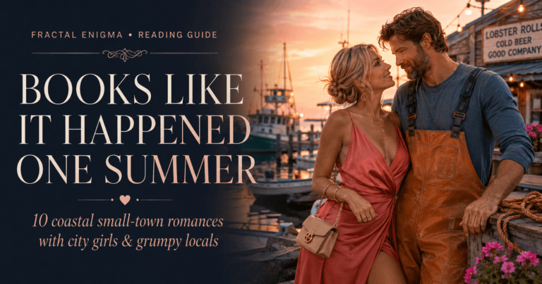 Books Like It Happened One Summer reading guide featuring a glamorous city woman and a rugged fisherman at a coastal harbor at sunset.