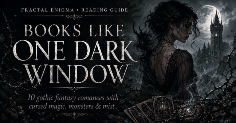 Books Like One Dark Window reading guide featuring a cursed gothic heroine, shadow monster, enchanted cards, thorny mist and a moonlit tower.
