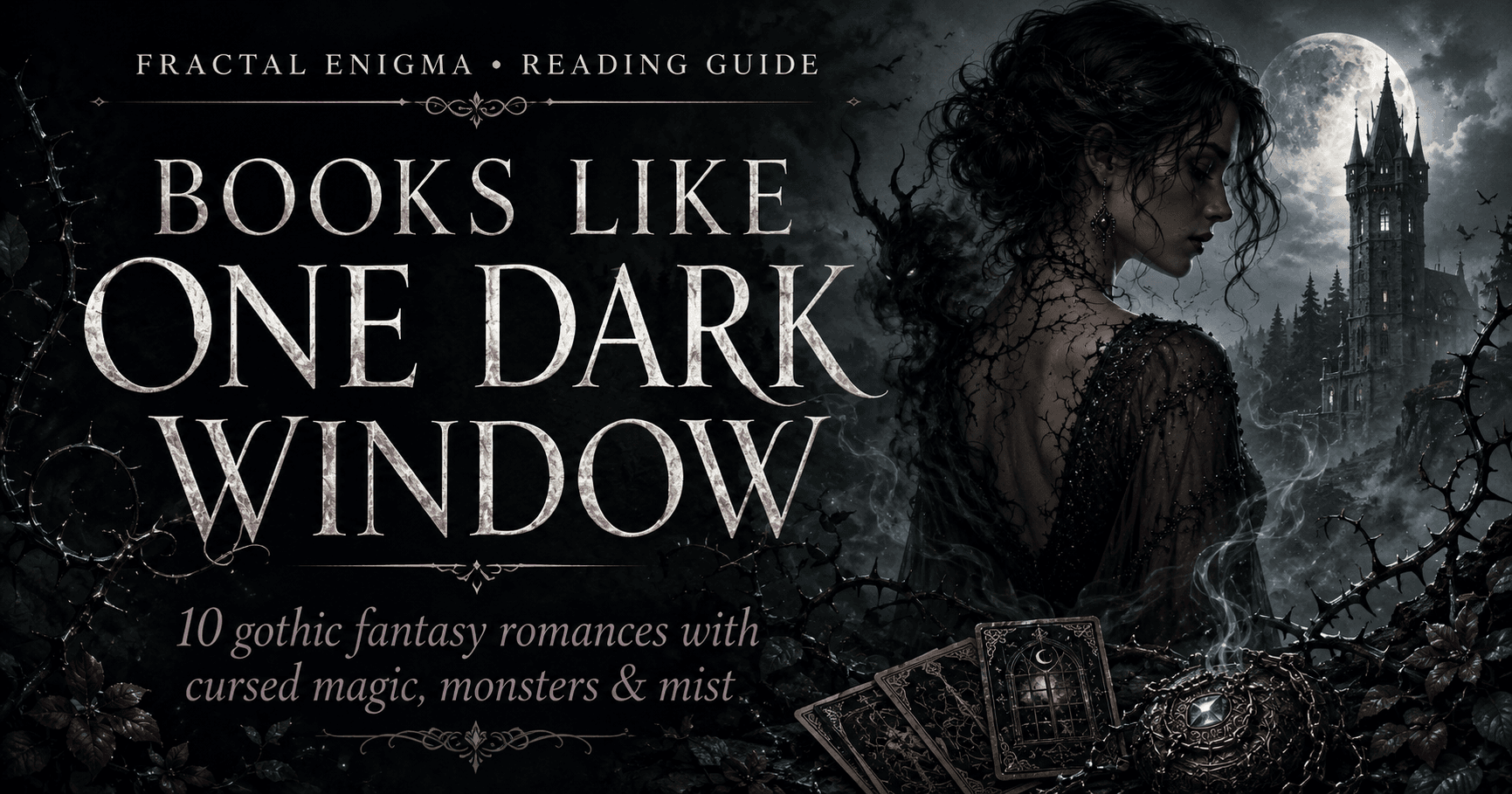 Books Like One Dark Window reading guide featuring a cursed gothic heroine, shadow monster, enchanted cards, thorny mist and a moonlit tower.