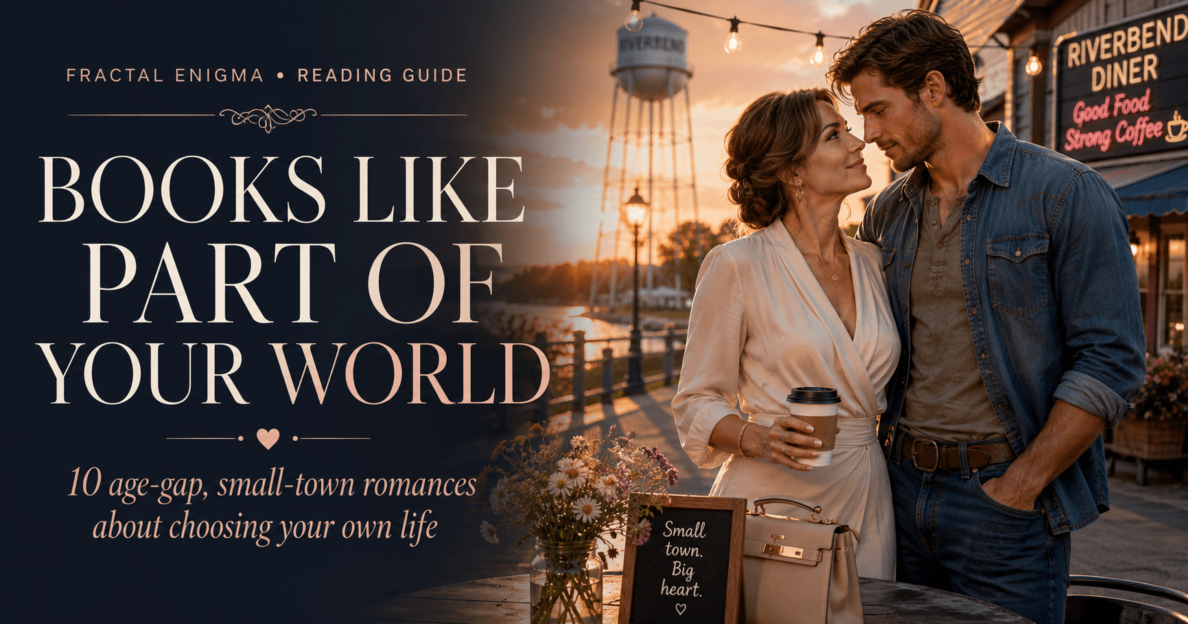 Books Like Part of Your World reading guide featuring an accomplished older woman and a younger small-town man at sunset.