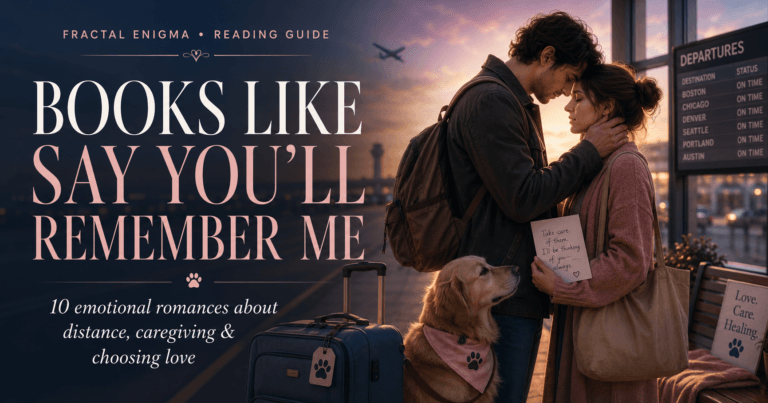 Books Like Say You’ll Remember Me reading guide featuring an emotional airport goodbye, a suitcase, a golden retriever and a handwritten note at sunset.