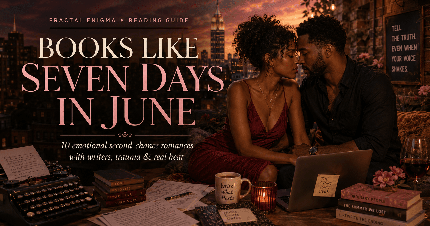 Books Like Seven Days in June reading guide featuring two Black writers reuniting on a warm city rooftop with manuscripts, books and emotional chemistry.