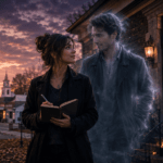 Books Like The Dead Romantics reading guide featuring a woman writer outside a small-town funeral home at dusk beside the softly glowing ghost of a handsome man.
