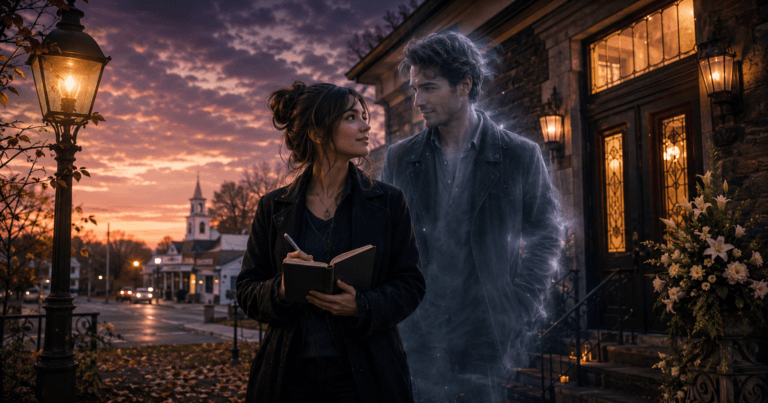 Books Like The Dead Romantics reading guide featuring a woman writer outside a small-town funeral home at dusk beside the softly glowing ghost of a handsome man.