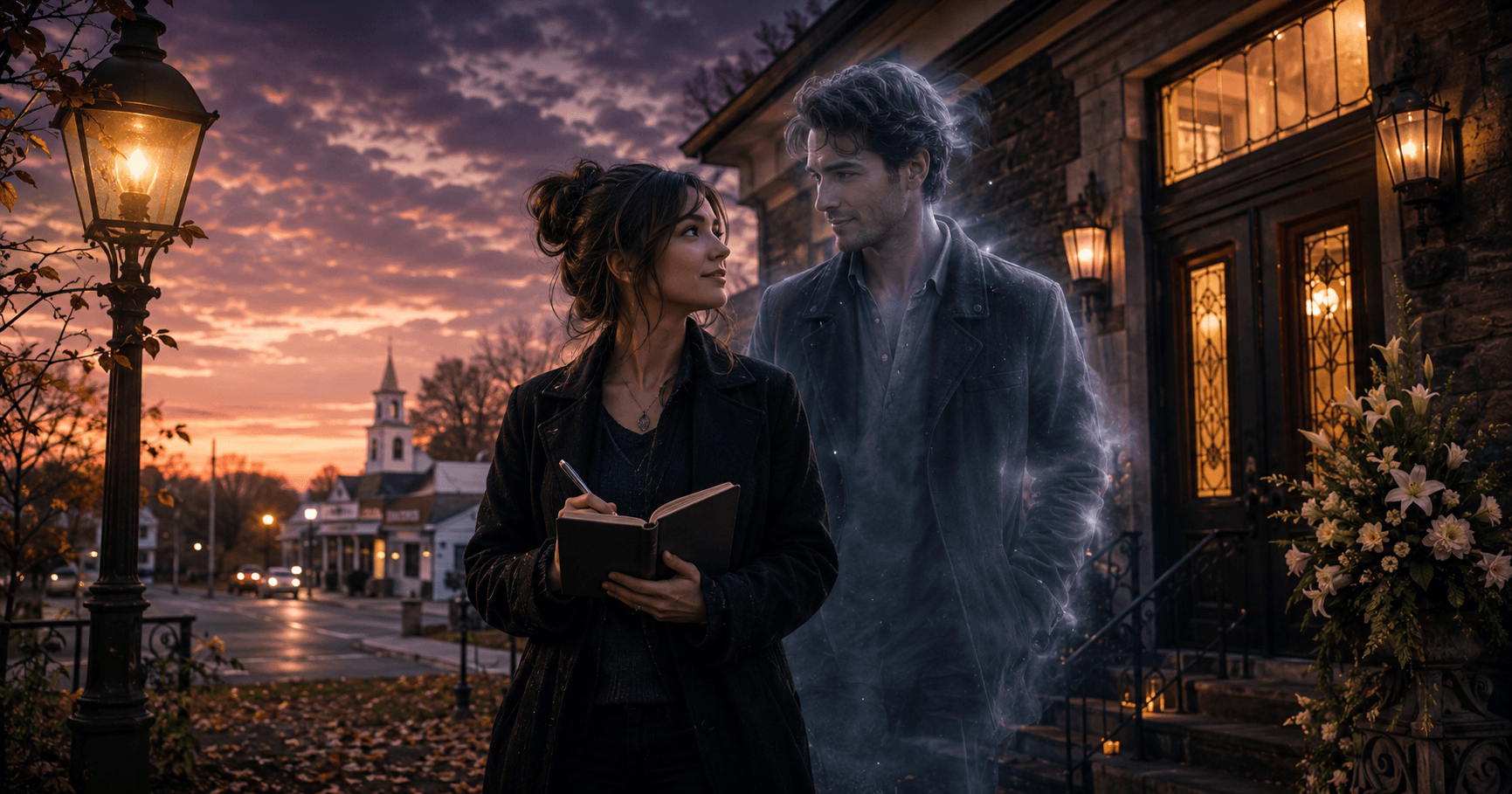 Books Like The Dead Romantics reading guide featuring a woman writer outside a small-town funeral home at dusk beside the softly glowing ghost of a handsome man.