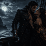 Books Like Hooked reading guide featuring a dangerous hook-handed man and a woman standing close on a stormy ship deck under moonlight.