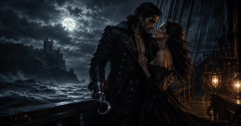 Books Like Hooked reading guide featuring a dangerous hook-handed man and a woman standing close on a stormy ship deck under moonlight.