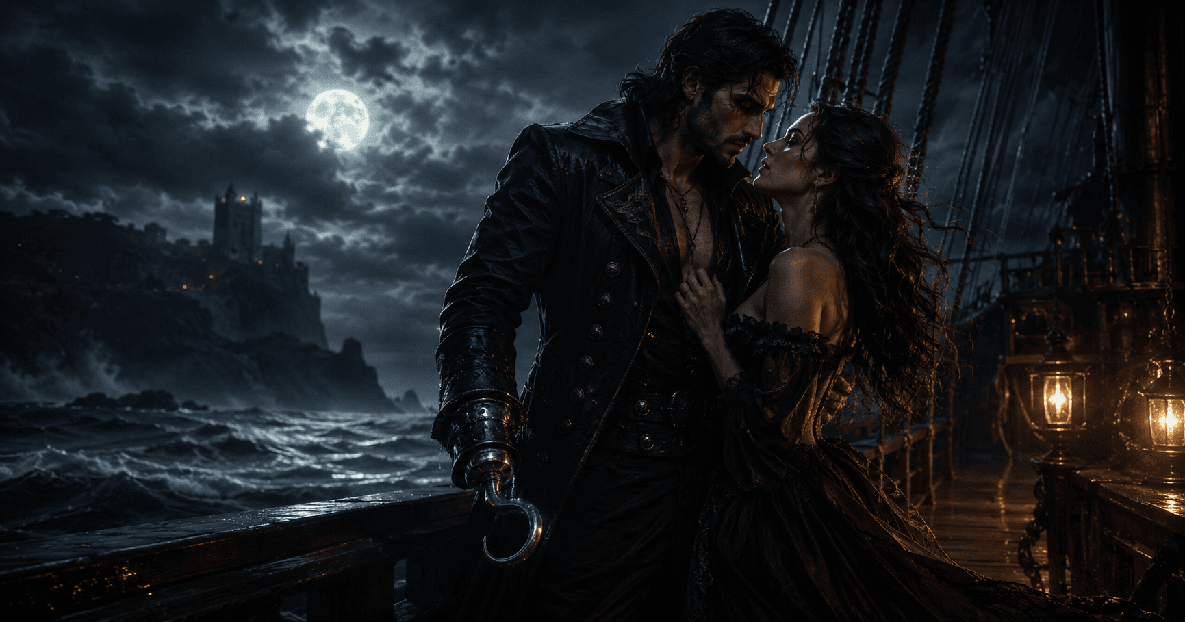 Books Like Hooked reading guide featuring a dangerous hook-handed man and a woman standing close on a stormy ship deck under moonlight.
