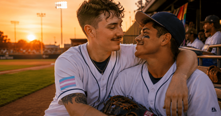 Books Like The Prospects reading guide featuring two queer baseball players sharing an affectionate moment in a minor-league dugout at sunset, with a trans pride patch visible.
