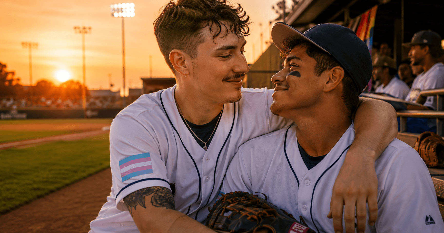 Books Like The Prospects reading guide featuring two queer baseball players sharing an affectionate moment in a minor-league dugout at sunset, with a trans pride patch visible.