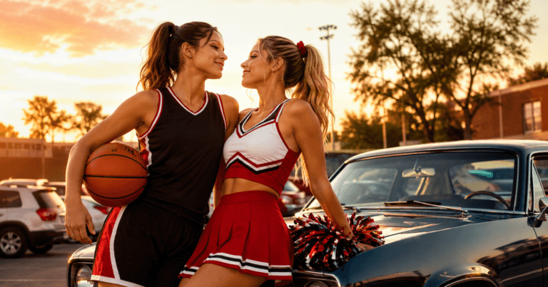 Books Like She Drives Me Crazy reading guide featuring a basketball player and cheerleader flirting beside a car at golden hour.