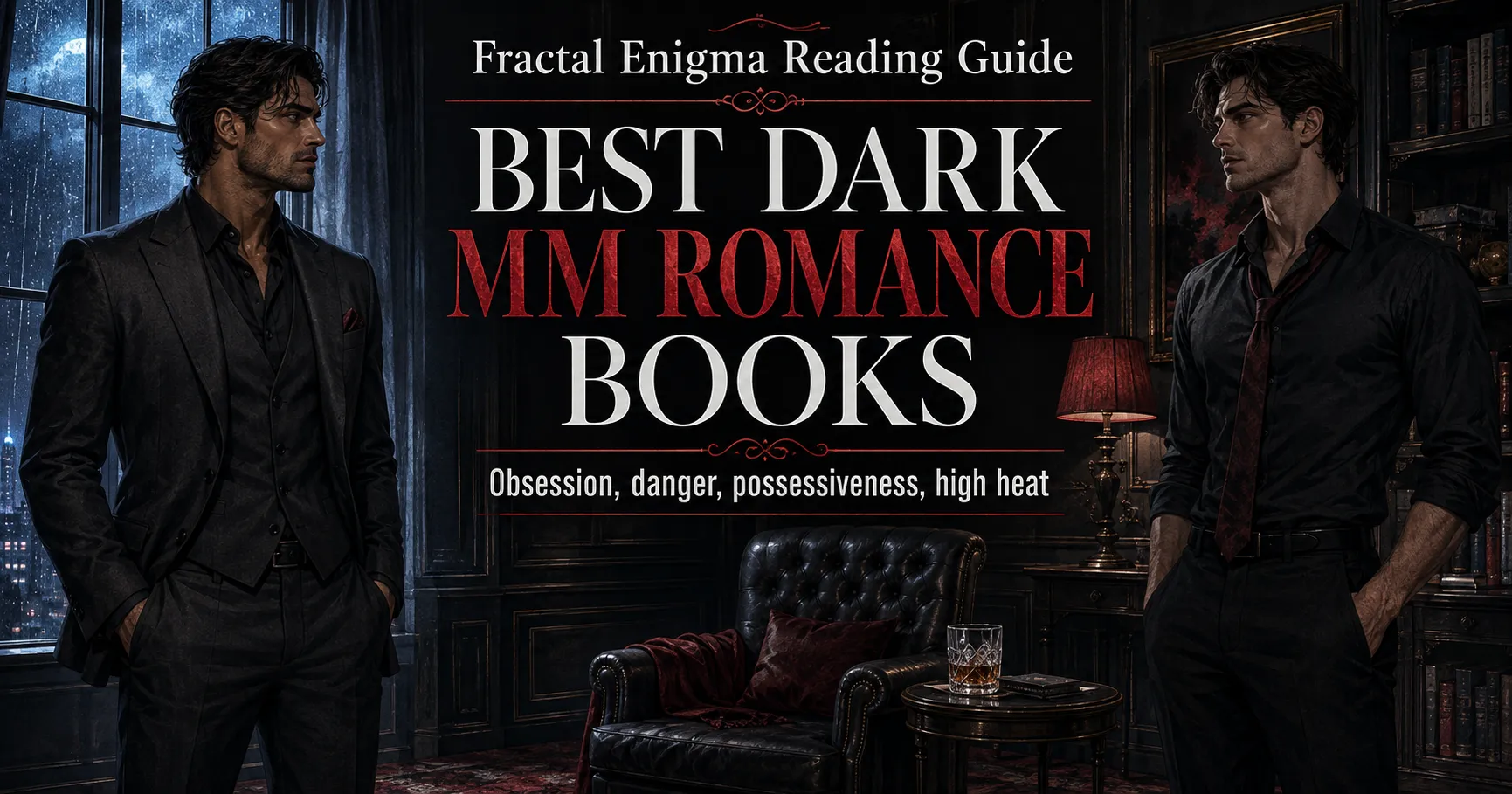 Best dark MM romance books reading guide featuring two men with obsessive romantic tension in a shadowy private room.