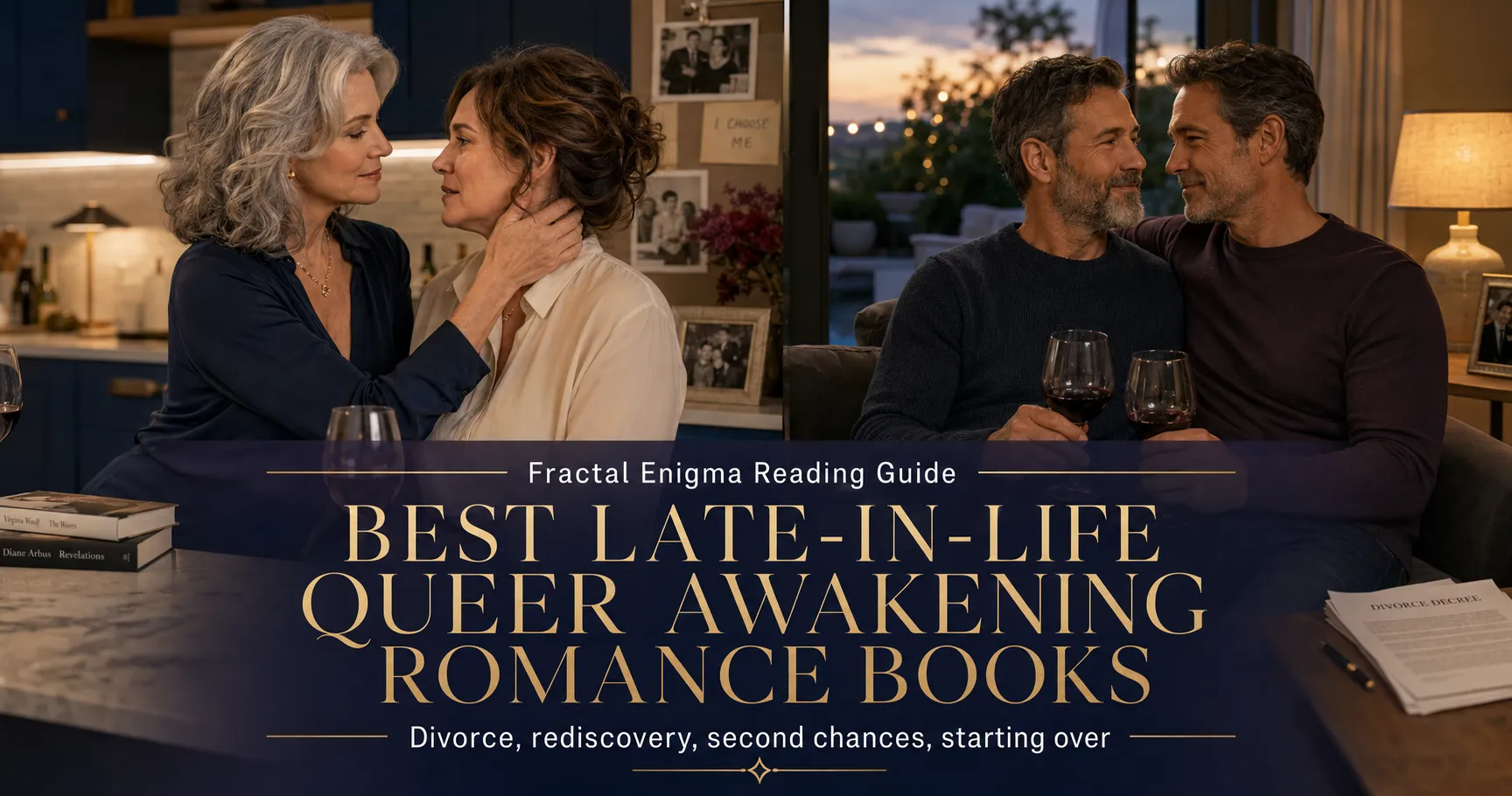 Best late-in-life queer awakening romance books reading guide featuring mature sapphic and MM couples discovering love after divorce and major life changes.