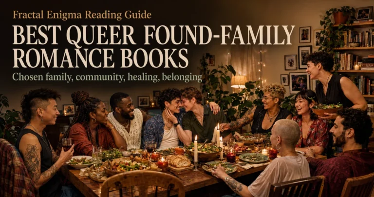Best queer found-family romance books reading guide with a diverse chosen family gathered around a dinner table