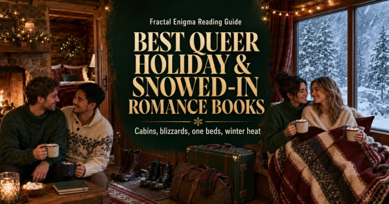 Best queer holiday and snowed-in romance books reading guide with MM and sapphic couples inside a warm winter cabin