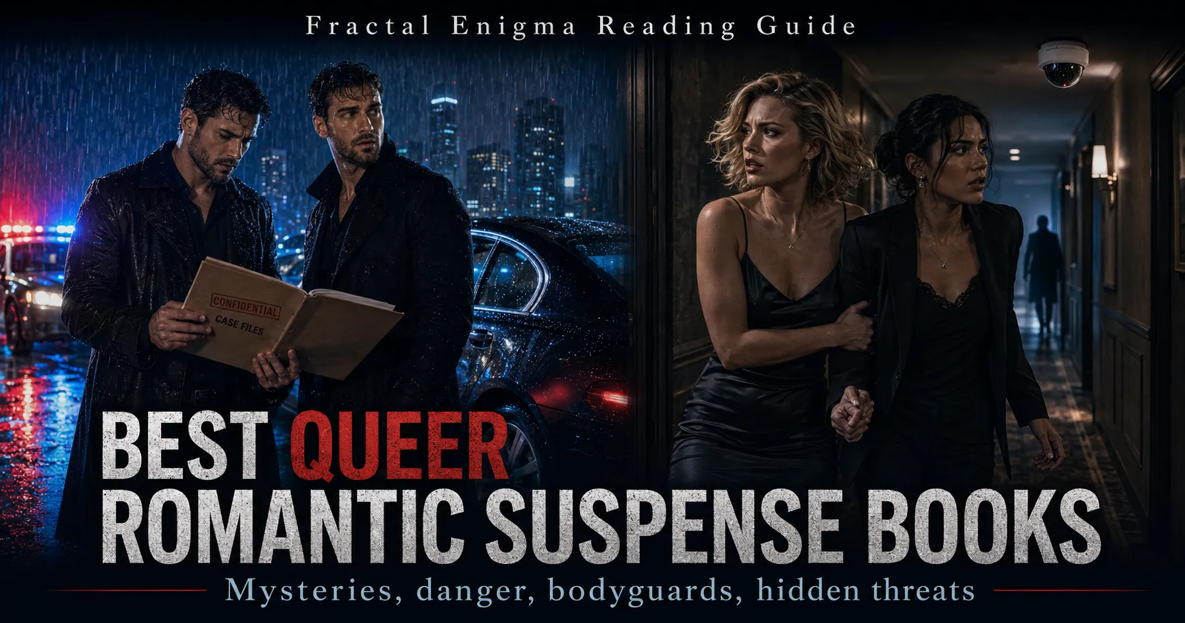 Best queer romantic suspense books reading guide with MM and sapphic couples, crime scenes, danger and hidden threats