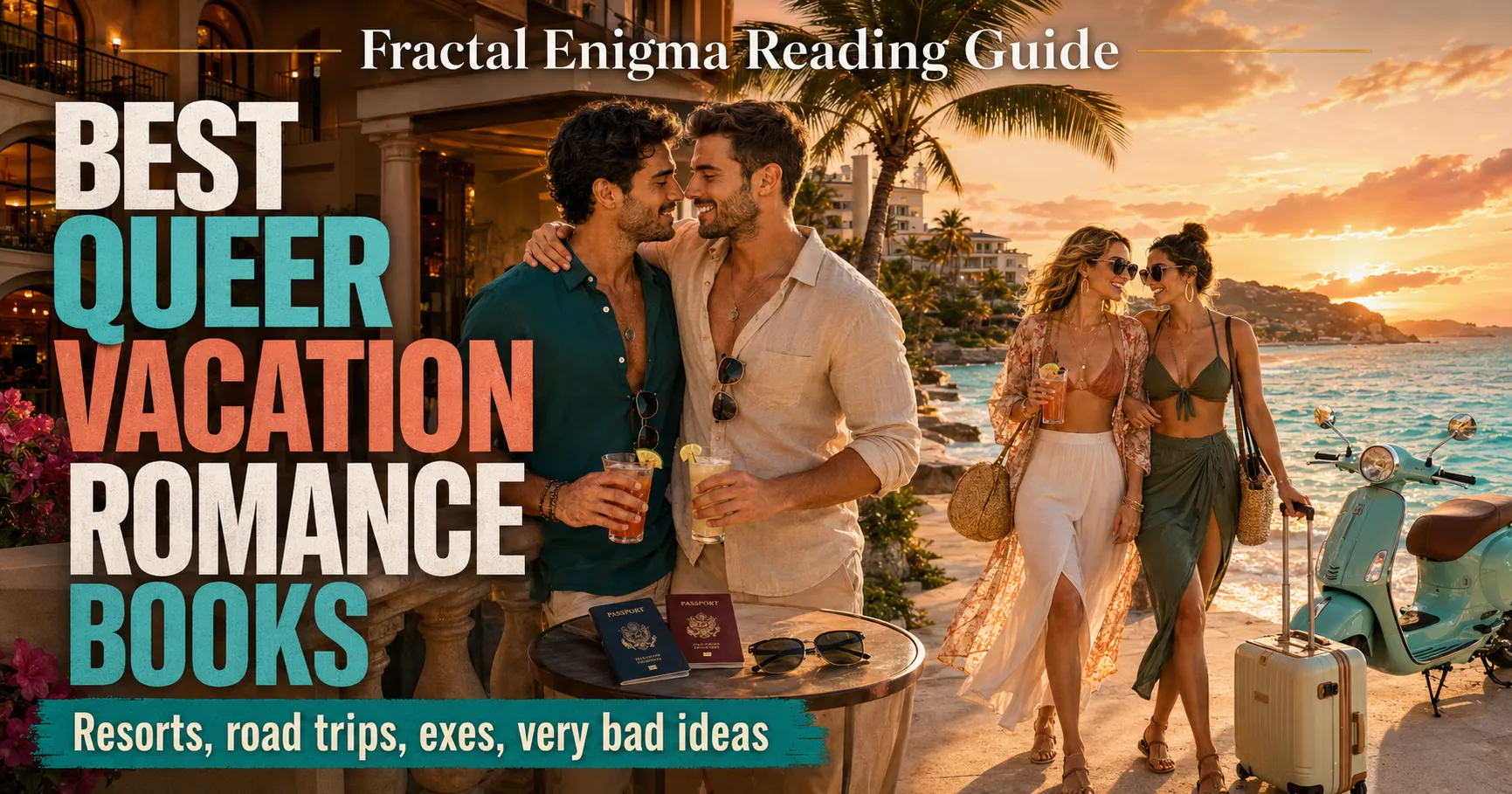 Best queer vacation romance books reading guide with MM and sapphic couples at a seaside resort