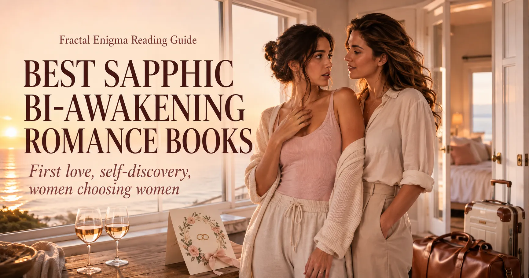 Best sapphic bi-awakening romance books reading guide with two women in a coastal house at sunset