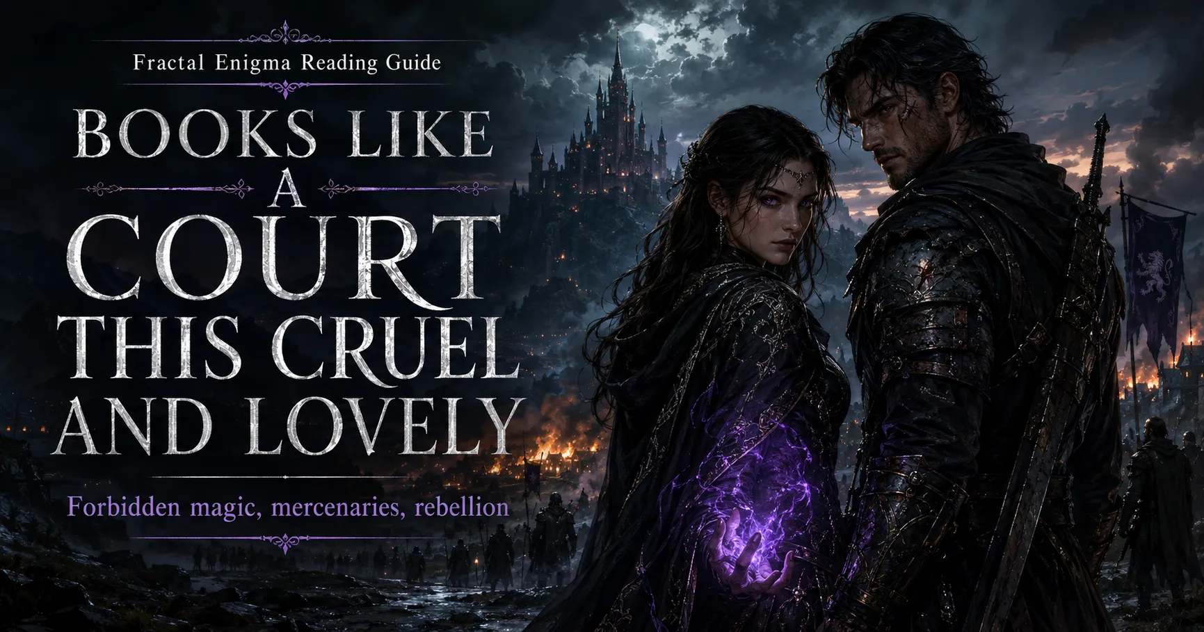 Books Like A Court This Cruel and Lovely reading guide featuring a woman with forbidden magic beside a dangerous mercenary in a dark fantasy kingdom.