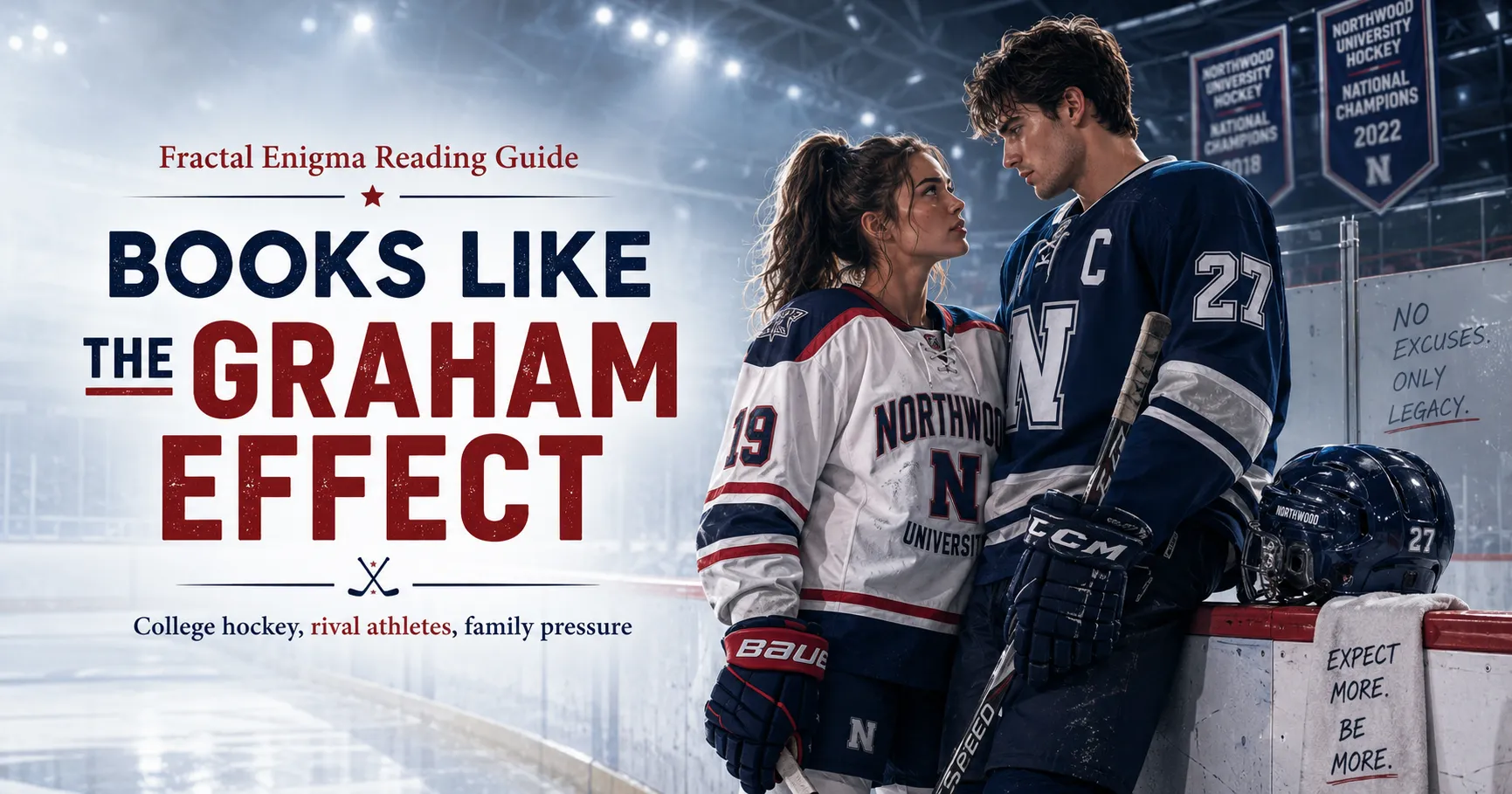Books Like The Graham Effect reading guide featuring a female and male college hockey player inside an ice arena.