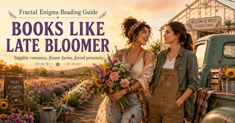 Books Like Late Bloomer reading guide featuring two women working together on a colorful flower farm at golden hour.