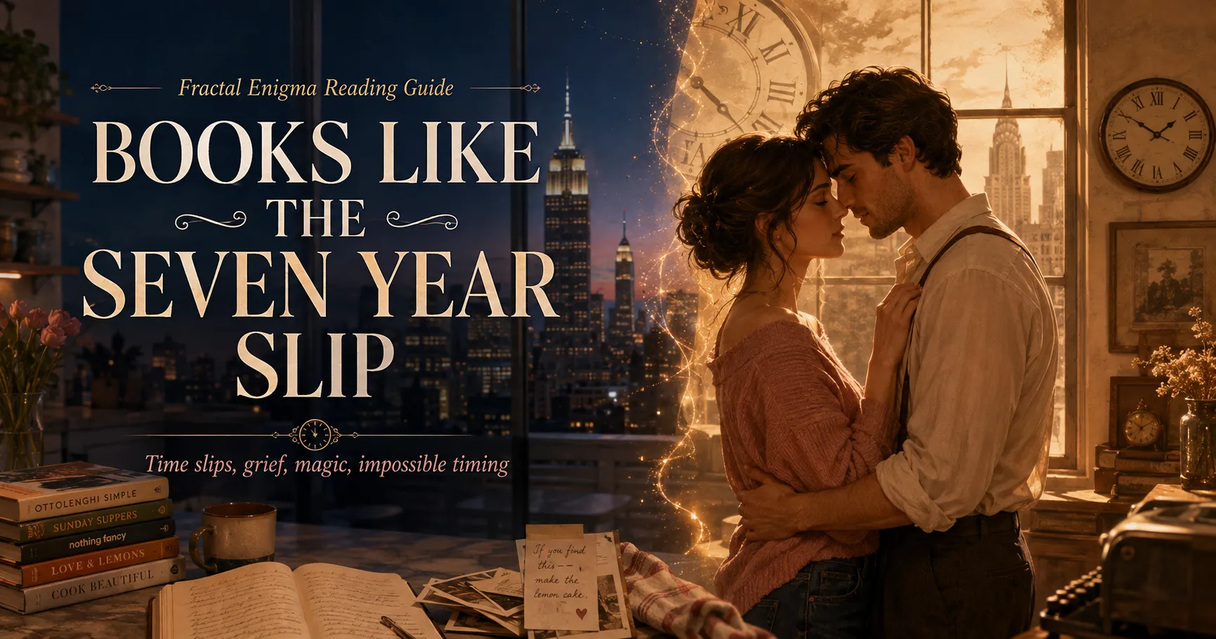 Books Like The Seven Year Slip reading guide featuring a romantic couple in a New York apartment caught between two time periods.