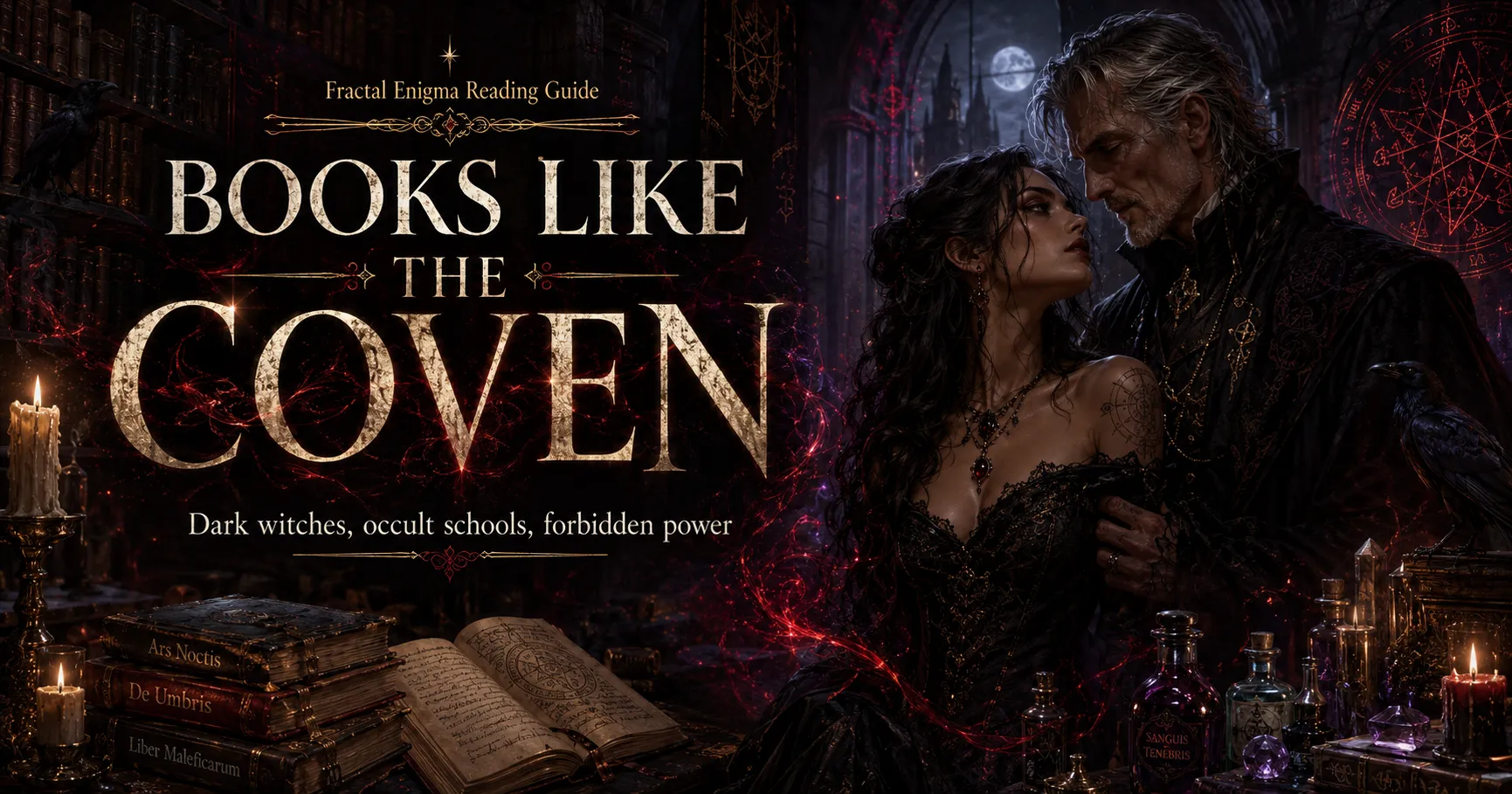 Books Like The Coven reading guide featuring a young witch and a dangerous older professor inside a dark occult academy.