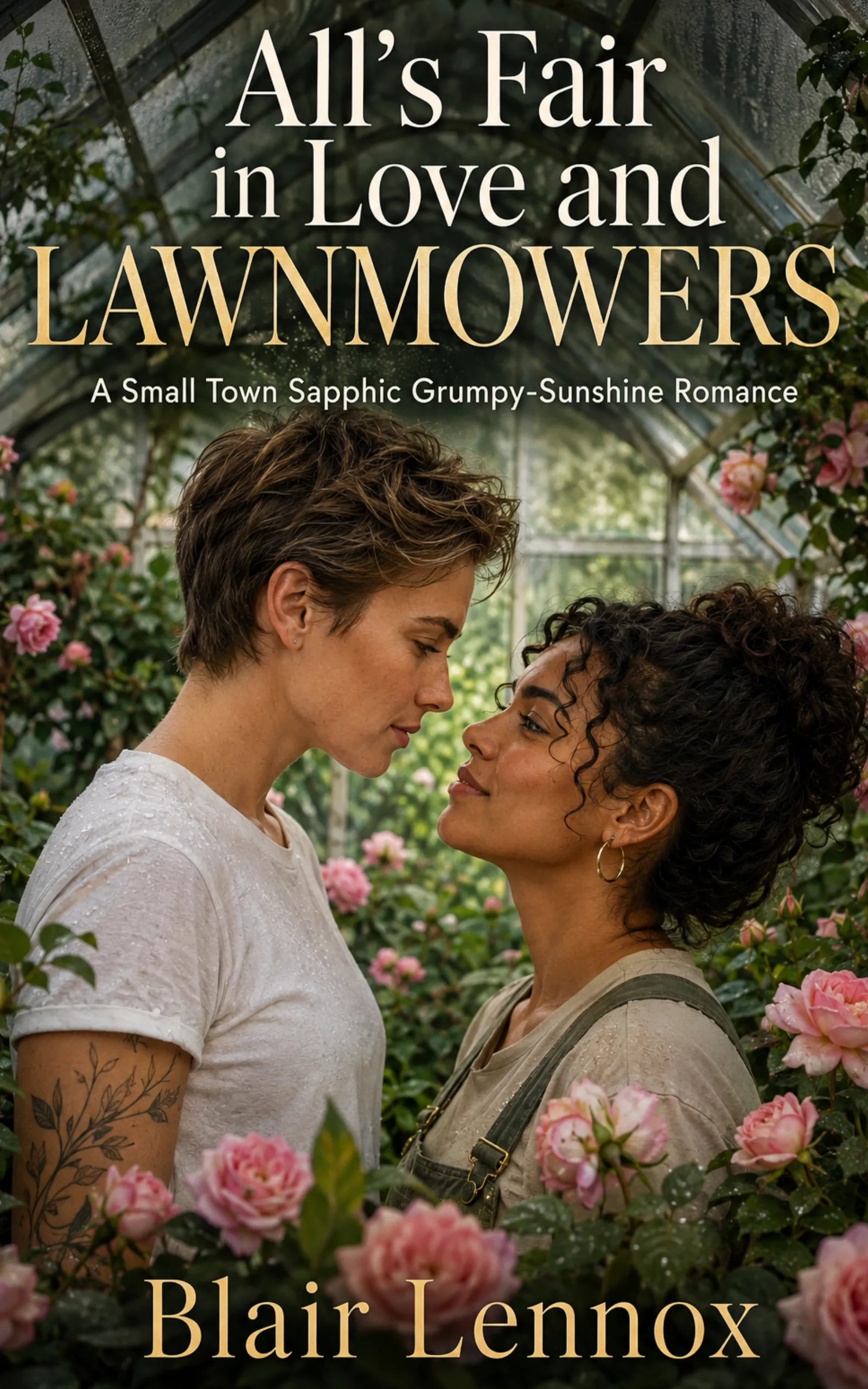 All's Fair in Love and Lawnmowers by Blair Lennox book cover, sapphic small-town enemies-to-lovers romance on Kindle Unlimited