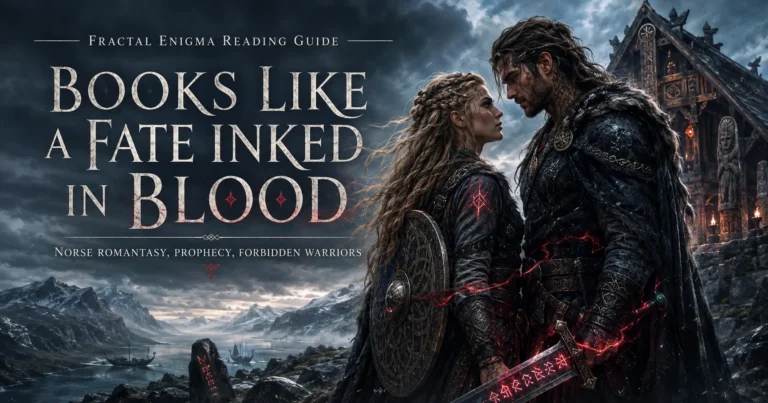 Books Like A Fate Inked in Blood reading guide featuring a shield-maiden and dangerous warrior in a stormy Norse fantasy landscape.
