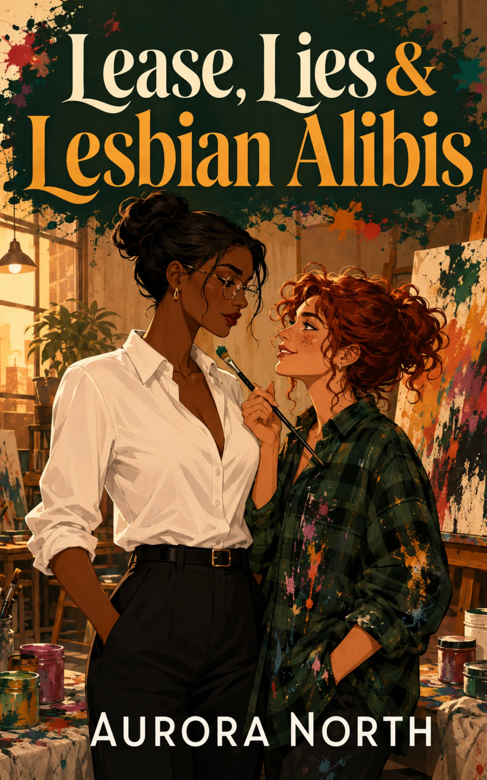 Lease, Lies & Lesbian Alibis by Aurora North book cover, sapphic fake-dating landlord romance on Kindle Unlimited